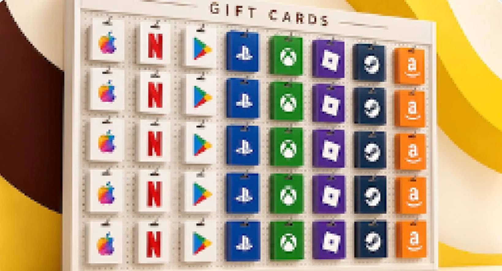 Gift card wall display concept with cards organised by brand and category